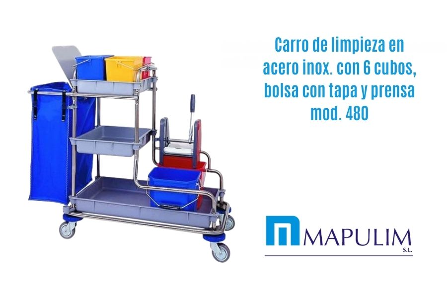 Carro de limpieza en acero inox. con 6 cubos, bolsa con tapa y prensa mod. 480